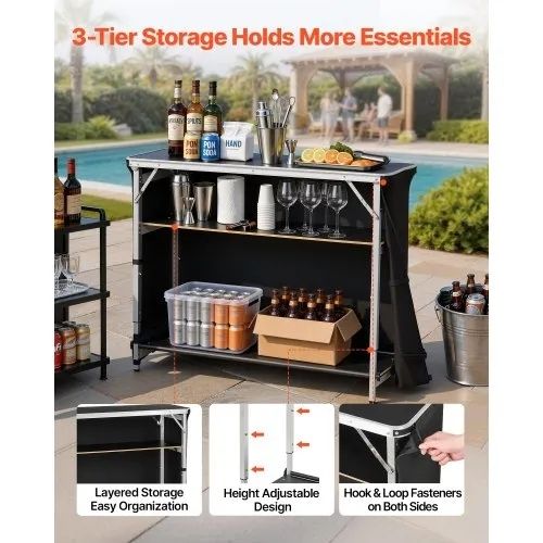 Folding Portable Bar Table, 1105 x 390 x 1010 mm, with Carry Bag, 2 Storage Shelves, and Detachable Skirt, Quick and Easy Setup, Foldable Mobile Bartending Station for Events, Party, Tradeshow