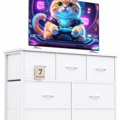 Chest of Drawers for Bedroom with 7 Drawers, Fabric Storage Drawer, Tall White Hallway Storage Unit