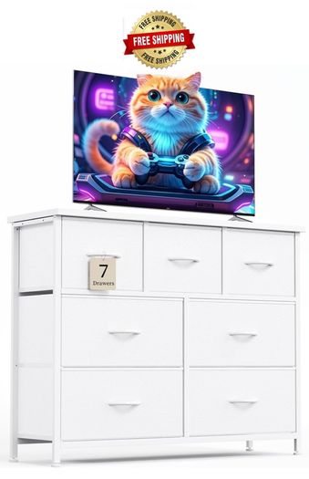 Chest of Drawers for Bedroom with 7 Drawers, Fabric Storage Drawer, Tall White Hallway Storage Unit