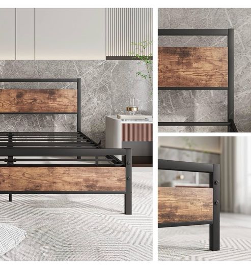 King Size Bed Frame with Wooden Headboard,Metal Platform