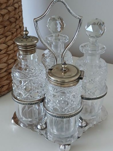 Silver Plated & Crystal Cruet Condiments Set