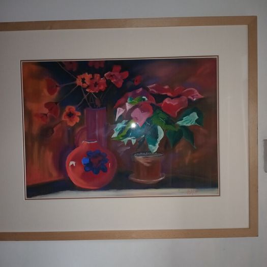 Framed "Still Life" Watercolour."Ponsettia Christmas Plant and Poppies"