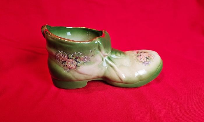 Staffordshire Style Porcelain Boot Vase - Green with Roses ,  Decor or Cactus Planter