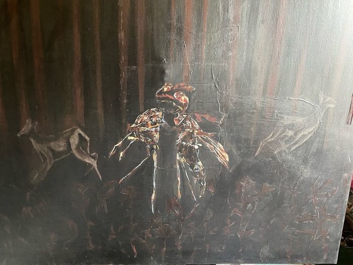 PAINTING Untitled (Forest Scene with Deer and Central Insectoid Motif)