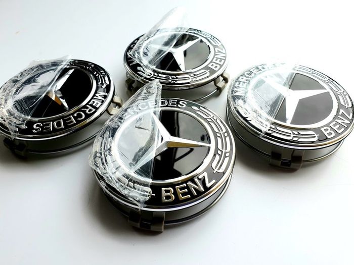 4 x Gloss Black 75mm  MERCEDES BENZ wheel CENTER CAPS (very strong fit, aluminum top) new style, for new models