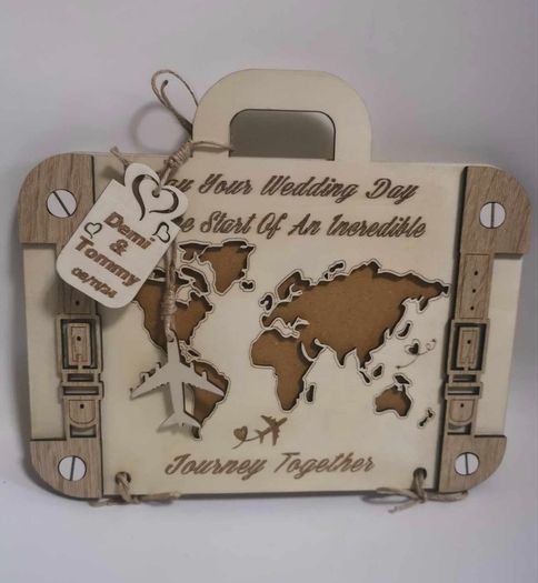 Wooden Wedding Card in the shape of a travel suitcase, Inner envelope for monetary wedding gifts
