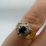 Antique 18ct Gold Diamond and Sapphire Ring Custom Crown Design - 6 Diamond cluster and Large Dark Blue Rare Sapphire - Beautiful Crown Design Image 4