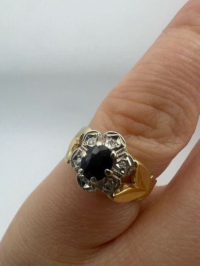 Antique 18ct Gold Diamond and Sapphire Ring Custom Crown Design - 6 Diamond cluster and Large Dark Blue Rare Sapphire - Beautiful Crown Design
