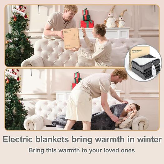 Electric Heated Blanket Throw,Electric Throw with 4 Heat Settings & 4 Hours Auto-Off Timer, LCD Display,Grey Heating Blanket Flannel Sherpa for Sofa and Bed