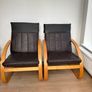 Set of 2 Brown leather and wood Bent Wood Easy Chairs and matching footstools Image 9
