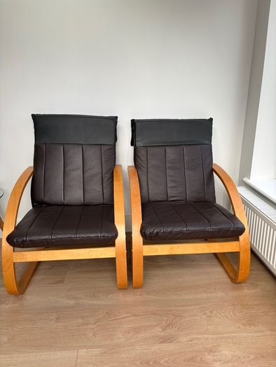 Set of 2 Brown leather and wood Bent Wood Easy Chairs and matching footstools
