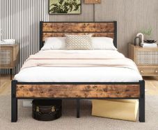 Double Bed Frame with Wooden Headboard and Footboard, Metal Wooden Bed Frame 4ft6 Under Bed Storage
