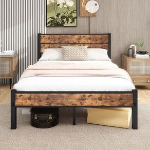 Double Bed Frame with Wooden Headboard and Footboard, Metal Wooden Bed Frame 4ft6 Under Bed Storage