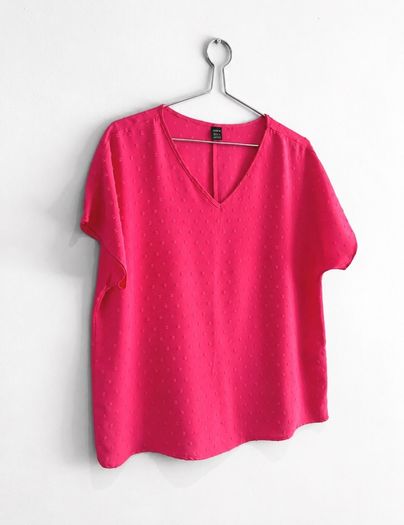 Pre Owned Bright Pink Swiss Dot V-Neck Short Sleeve Blouse