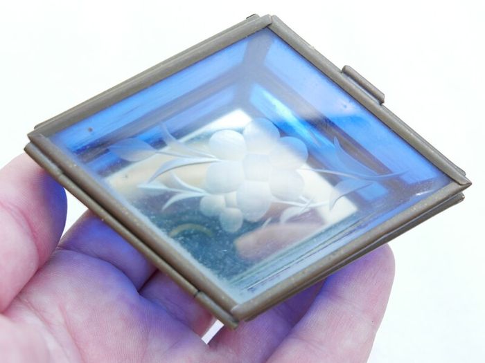 Vintage blue and clear etched flowers Brass trinket box , glass jewelry box