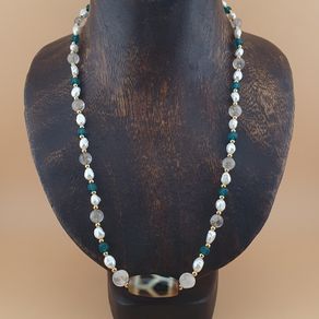 Vintage Himalayan Chain Link Tibetan Agate Dzi Beads With Pearls & Himalayan Quartz Necklace