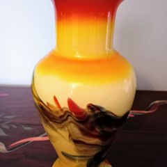 Vintage Art Glass Vase with Swirl Color Designs and Ruffled Top.