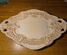 Vintage Antiqued Cream Oval Hand Painted Ornate Scroll Design Serving Platter