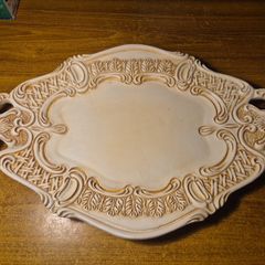 Vintage Antiqued Cream Oval Hand Painted Ornate Scroll Design Serving Platter