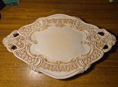Vintage Antiqued Cream Oval Hand Painted Ornate Scroll Design Serving Platter