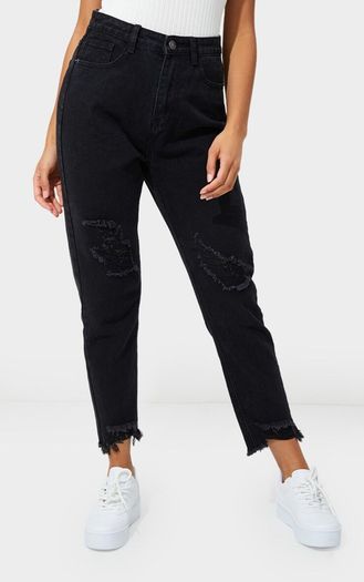 BNWT PrettyLittleThing Washed Black Distressed Hem Knee Rip Slim Mom Jeans size UK16 EU44 Postage included