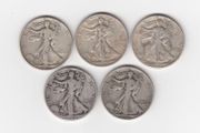 USA, 5 x Walking Liberty, Half Dollar, 90% silver coins (no. G19)