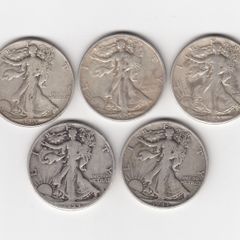 USA, 5 x Walking Liberty, Half Dollar, 90% silver coins (no. G19)