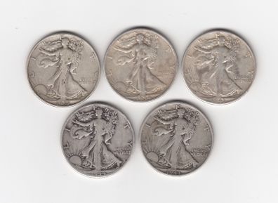 USA, 5 x Walking Liberty, Half Dollar, 90% silver coins (no. G19)