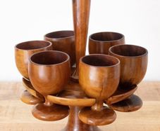 vintage 1970s teak wooden egg cups and stand