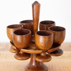 vintage 1970s teak wooden egg cups and stand
