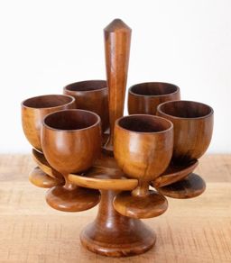 vintage 1970s teak wooden egg cups and stand