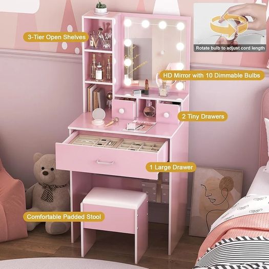 Dressing Table with Mirror and Stool, 10 LED Light Bulbs Vanity Desk with Storage Shelves & 3 Drawers, Kids Vanity Table and Chair Bedroom Furniture Girls Vanity Set 60cm Pink Makeup Desk