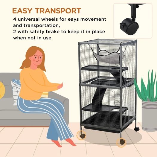 Small Animal Cage with Wheels Pet Home for Chinchillas Ferrets Kittens, with Hammock, 4 Platforms, Removable Tray, Silver