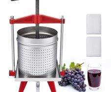 Fruit Wine Press, 3.96Gal/15L, Stainless Steel Manual Juice Maker, Heavy Duty T-Shaped Handle & Cross-beam for Cider Apple Grape Vegetable Press, with 2 Filter Bags, for Kitchen Home Brewing
