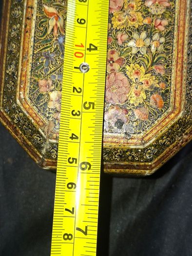 Antique 19th Century Kashmiri Lacquered Papier Mache box featuring ornate floral and bird motifs
