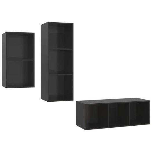 3 Piece TV Cabinet Set High Gloss Black Chipboard