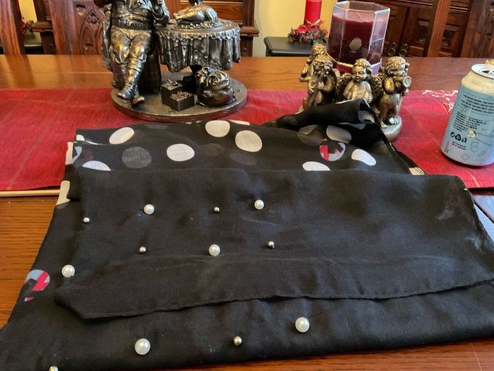 Samoon. FURTHER REDUCED.   Scarf In Black With White Polka Dots And A Littlle  Blue and Pink Also , With Decorative Pearls At The End