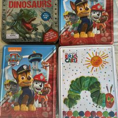 Four Tins Paw Patrol (Logo) Eric Carle caterpillar/ & Dinosaur tin