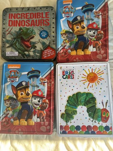 Four Tins Paw Patrol (Logo) Eric Carle caterpillar/ & Dinosaur tin