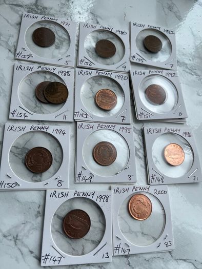 Irish decimal pennies x 12. Three for 1 euro. 3 euro the lot. Dates listed below