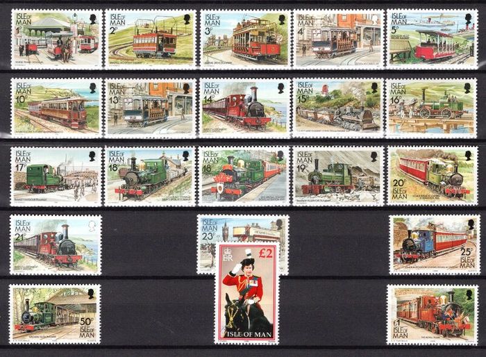 1988 Isle of Man Manx Railways and Tramways and Queen's Portrait Definitive Stamps Mint Never Hinged (MNH)