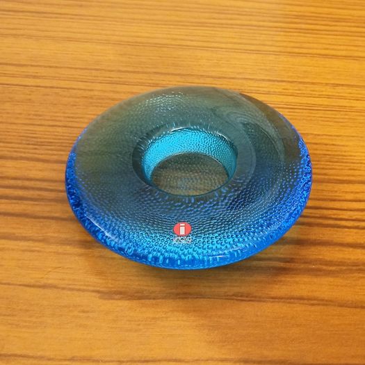 iittala light blue "button" Art Glass Candle Holder designed by Markku Salo  made in Finland 1980s