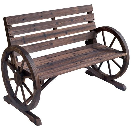 Wooden Cart Wagon Wheel 2 Seater Garden Bench Outdoor Garden Armrest Chair Rustic High Back Loveseat (FREE POSTAGE)