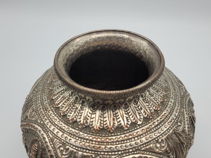 Antique Asian / Oriental White Metal Jar / Vase 19th Century Hand Decorated