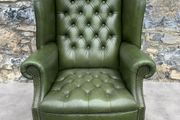 George III Style Deep Button Green Leather Wingback Armchair.