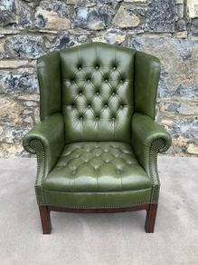 George III Style Deep Button Green Leather Wingback Armchair.