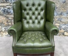 George III Style Deep Button Green Leather Wingback Armchair.