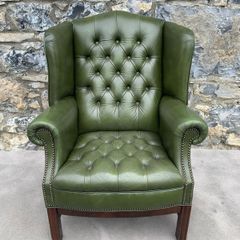 George III Style Deep Button Green Leather Wingback Armchair.