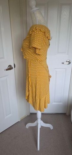 Boohoo Mustard Polka Dot Wrap Frill Tea Dress UK 10 Summer Boho Midi