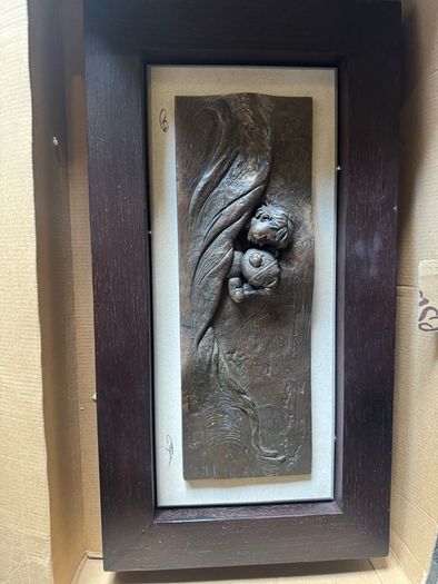 Genesis Fine Arts Framed High-Relief Bronze Plaque - Sleeping Baby with Teddy Bear